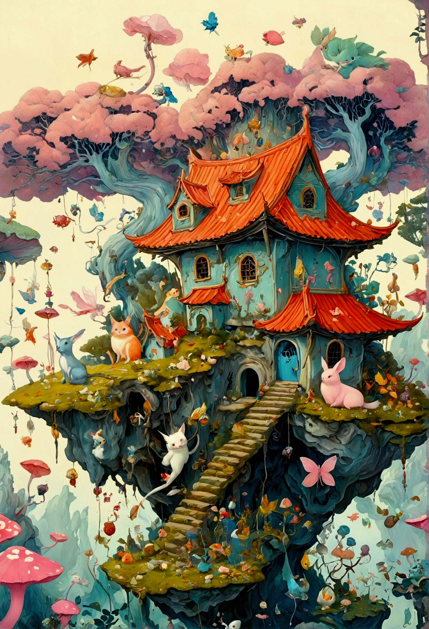 There is a painting,There is a fairy house in the painting,There are many animals in the house, A detailed painting of Wu Ya, Winner of the Behance competition, Pop surrealism, Affable , Wenjun Lin, A beautiful artistic illustration, Shin Jin Hye Art, Full color illustrations, James Jean Andre Ryabovich, Jean Sebastien Ross, Daniel Merriam :.1, Magical surrealism