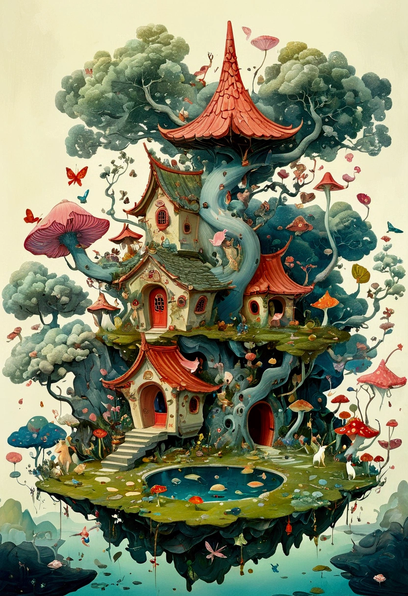 There is a painting,There is a fairy house in the painting,There are many animals in the house, A detailed painting of Wu Ya, Winner of the Behance competition, Pop surrealism, Affable , Wenjun Lin, A beautiful artistic illustration, Shin Jin Hye Art, Full color illustrations, James Jean Andre Ryabovich, Jean Sebastien Ross, Daniel Merriam :.1, Magical surrealism
