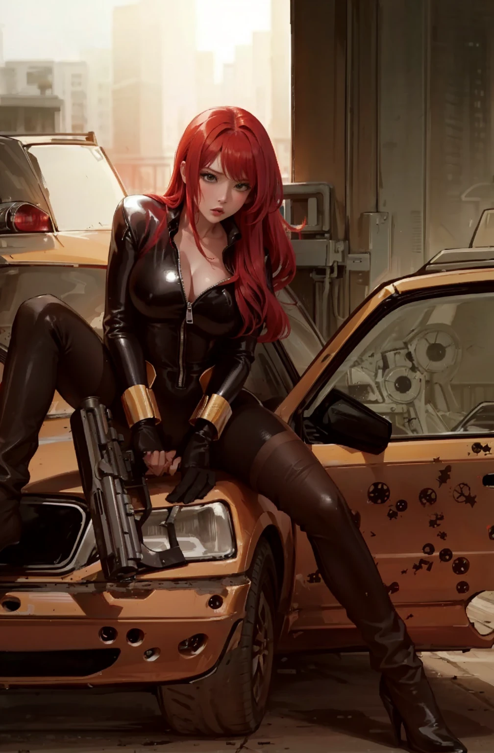 The image is an illustration of a red-haired woman dressed in a sleek skin-tight shiny black latex bodysuit with a deep-cut zipper neckline revealing a large chest, the silver zipper running down the front, sitting on the hood of a damaged yellow car, with bullet holes visible on it. The woman appears powerful and ready for action, holding a gun in both hands. The atmosphere of the scene is intense and dramatic, made even more so by the urban setting.