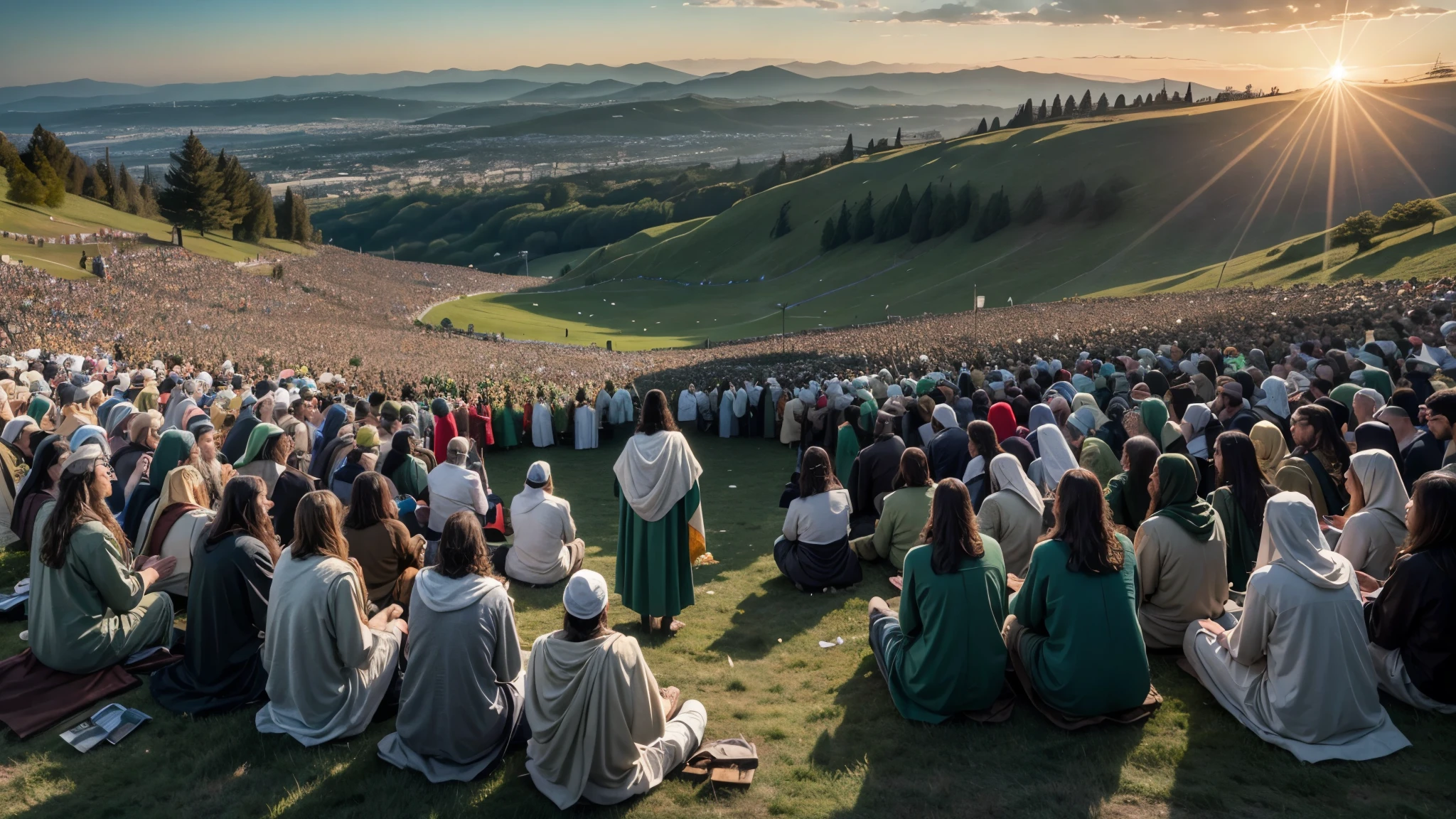 Create a realistic, detailed image of Jesus teaching a crowd in the Sermon on the Mount, the scenery is a line and green grass, the morning sun illuminates the green grass.