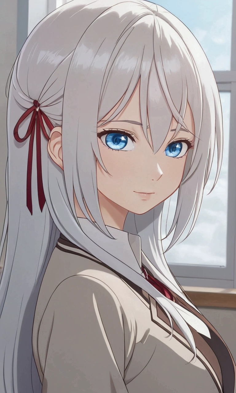Beautiful girl with long white hair and blue eyes looking at the camera,visual of a cute girl, beautiful high school girl, perfect white haired girl, young girl, an girl, white haired, female character, smooth, beautiful portrait, girl with long hair, white haired deity, attractive girl, girl with white hair