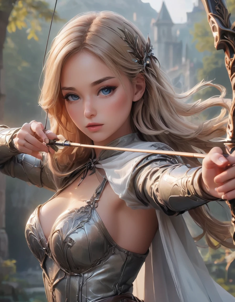 Female archer shooting a bow, aim, longbow , 用弓aim, Delicate expression, Perfect hands(Five fingers), Beautiful hair, Shiny hair, Beautiful Skin, Detailed face and eyes, Glossy lips, medieval fantasy, dramaticな照明, Thin Film Component, dramaticなポーズ, Medieval Armor, Intricate details, Theatrical atmosphere, Mood lighting, An epic fantasy, Very detailed, Movie, dramatic, powerful, Strong, (best quality:1.2, Very detailed, up-to-date, Energetic, Ultra-high resolution, High contrast, masterpiece:1.2, best quality, Best aesthetics),