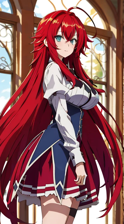 work of art, best qualityer, high resolution, best qualityer, high resolution, Rias Gremory, 1 girl, long hair, , Red hair, Ahoge, blue colored eyes, breasts big, very long hair,  medical breasts, overskirt, , Stockings, standing, plein-air,