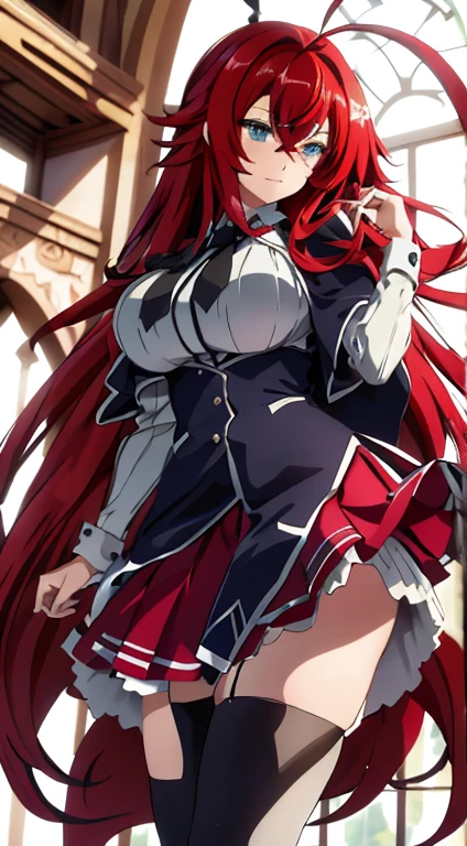 work of art, best qualityer, high resolution, best qualityer, high resolution, Rias Gremory, 1 girl, long hair, , Red hair, Ahoge, blue colored eyes, breasts big, very long hair,  medical breasts, overskirt, , Stockings, standing, plein-air,