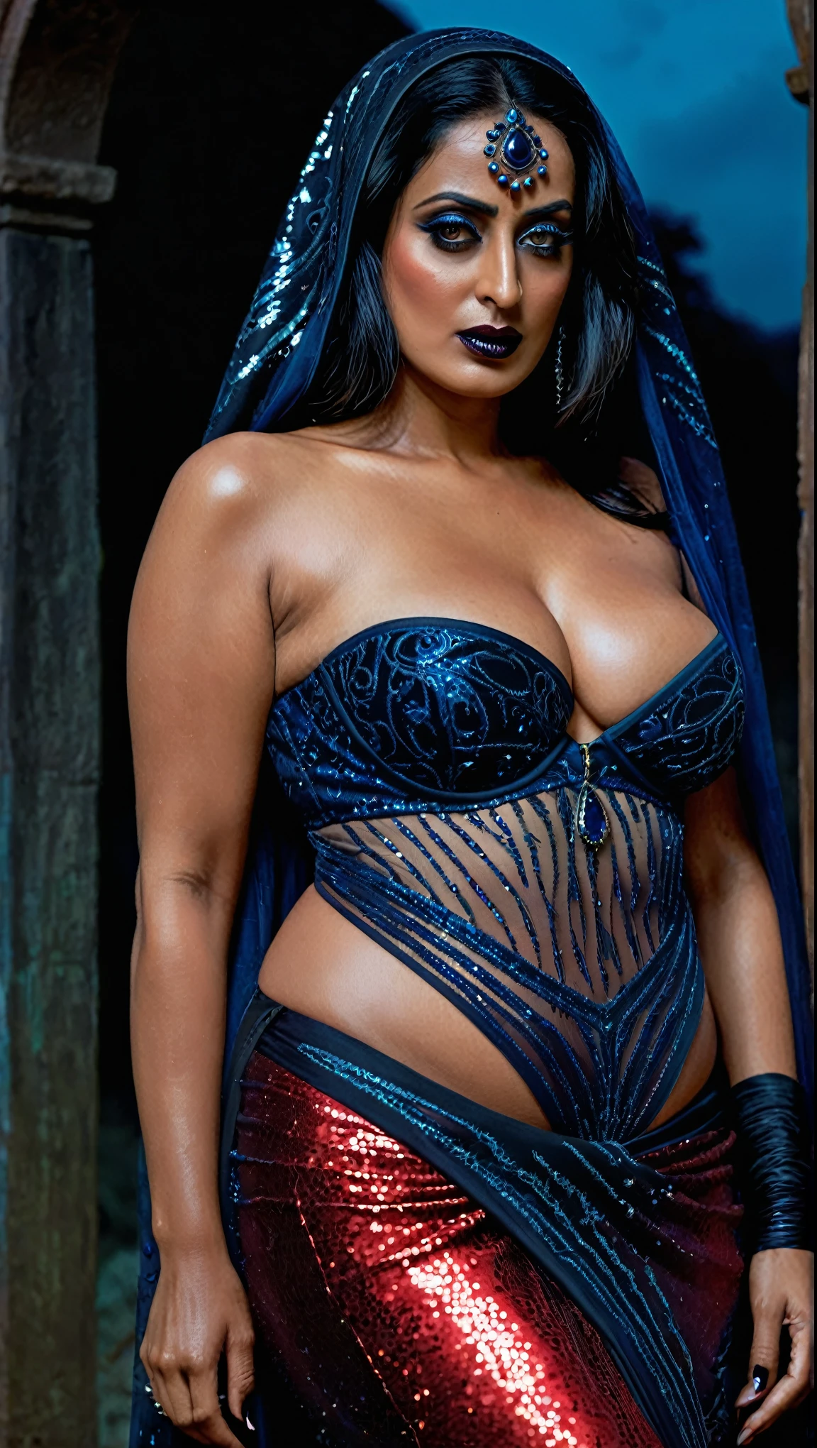 Looks like Mahie Gill, full body Closeup shot, Big chubby aunty, milf, cougar lady witch, fierce eyes, evil seductress, wide body,  Gothic milf,  60 years old gorgeous mature lady, pervert demoness, demoness of lust, curvy, black lips,  face, extremely gorgeous, thick figure, heavy physique, voluptuous, curvy,  figure, Fashionable portrait of androgynous alien looking witch wearing veil, glowing eyes, futuristic design, minimal details, givenchy, photoreal, 200mm, hd, f/ 2.0, highly detailed, surreal,  beautiful evil woman,  bold sequin Saree with strapless Bra, chudail, Pishachini, horror genre, blood-thirsty enchantress, powerful female spirit, eerie, drop dead, in the style of red and blue, (intricate details, hyperdetailed:1.15) (skin texture:1.2), dark Moody tone, cinematic lighting, haunted place in background, evil seductress, veins in the body, lifelike texture, sensual, (wet, oil-lubricated),(sweaty), 