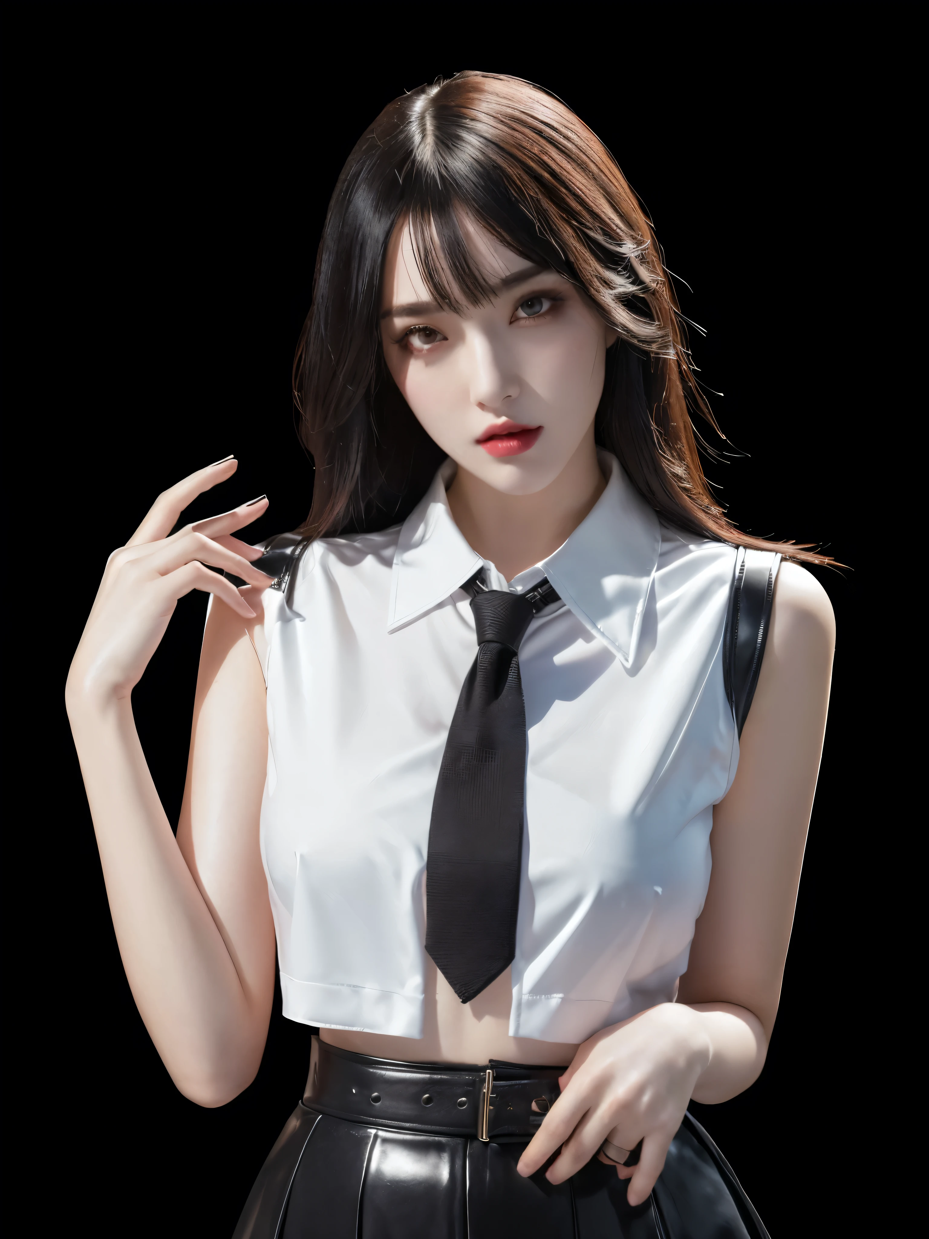 Female Internet celebrity, A man in shorts、Woman wearing tie posing, Garter belt, Very detailed character, Knee-high socks and skirt, Octane Rendering, leather stockings, Tempting cyberpunk dark fantasy, Tempting. Very detailed, Complex latex suit, April Rendering, thigh!!!