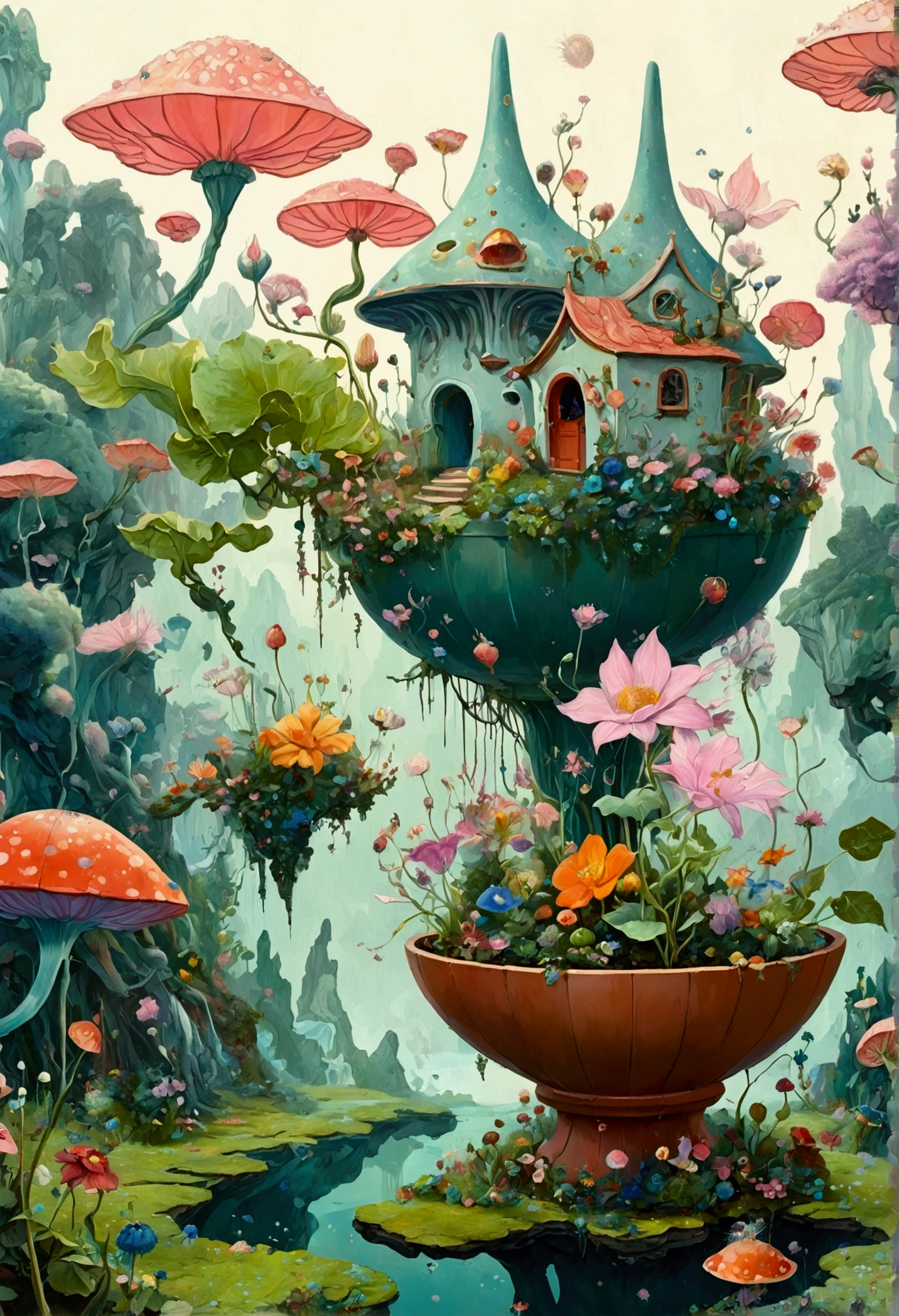 There is a painting,There is a fairy in a flower pot in the painting, Whimsical fantasy landscape art, A beautiful artistic illustration, 异想天开的Surrealism, Color illustrations, very surreal garden, 神奇的Surrealism, lush garden spaceship, Shin Jin Hye Art, bloom. alta fantasia, author:Toth Wu, Affable , Wenjun Lin, Surrealism, dreamy painting of coronavirus