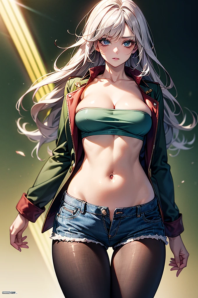 Masterpiece,Highest quality,8k,Ultra-high resolution,appropriate margins,lighting,BREAK,1 person,Very beautiful adult woman,Slim body,Very ample large breasts,Deep cleavage,Moisturized Skin,BREAK,Silver Hair,mascara,Red eyeliner,Light pink lip,Thin teak,Thick upper eyelashes,Thin eyebrows,BREAK,Light blue eyes,BREAK,Estrus,Cute expression,BREAK,Long Hair,Straight Hair,BREAK,(Bandeau Top),(Denim shorts),(Dark green military jacket),(Tattered black tights),BREAK,belly button,Eye contact,Absolute area
