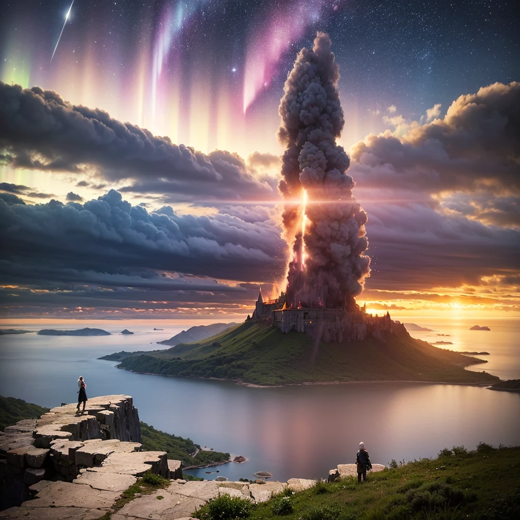 (8k, highest quality, masterpiece, final fantasy style: 1.2), (unRealistic, photoRealistic: 1.37), Dreamy landscape, Fantasy, Unsurreal landscapes, Super detailed, Flying Castle, Floating Island in the Sky, Seven-colored swirl of light, Aurora, Intense lightning, milky way, Complex Light, Colored light, Large Lake, Starry sky reflected on the lake surface, Countless shining stars, Meteors, Reflections , (A pillar of light emanated from the ground:1,2),heavenly roses and orchids gardens, sunset, pink clouds, waterfall in the sky, realistic style, Hyperrealism drawing,