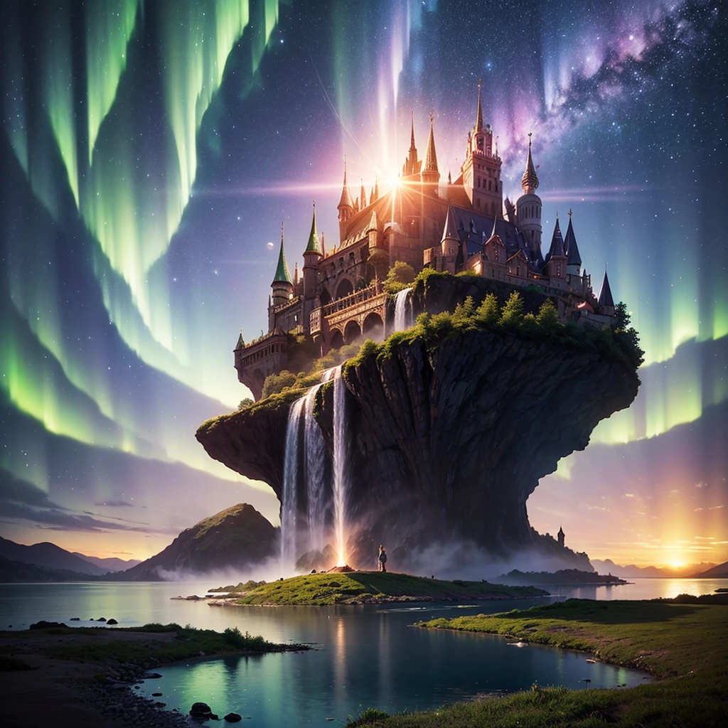 (8k, highest quality, masterpiece, final fantasy style: 1.2), (unRealistic, photoRealistic: 1.37), Dreamy landscape, Fantasy, Unsurreal landscapes, Super detailed, Flying Castle, Floating Island in the Sky, Seven-colored swirl of light, Aurora, Intense lightning, milky way, Complex Light, Colored light, Large Lake, Starry sky reflected on the lake surface, Countless shining stars, Meteors, Reflections , (A pillar of light emanated from the ground:1,2),heavenly roses and orchids gardens, sunset, pink clouds, waterfall in the sky, realistic style, Hyperrealism drawing,
