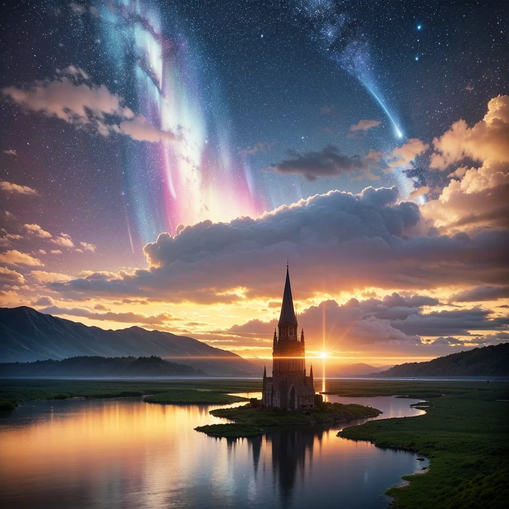 (8k, highest quality, masterpiece, final fantasy style: 1.2), (unRealistic, photoRealistic: 1.37), Dreamy landscape, Fantasy, Unsurreal landscapes, Super detailed, Flying Castle, Floating Island in the Sky, Seven-colored swirl of light, Aurora, Intense lightning, milky way, Complex Light, Colored light, Large Lake, Starry sky reflected on the lake surface, Countless shining stars, Meteors, Reflections , (A pillar of light emanated from the ground:1,2),heavenly roses and orchids gardens, sunset, pink clouds, waterfall in the sky, realistic style, Hyperrealism drawing,