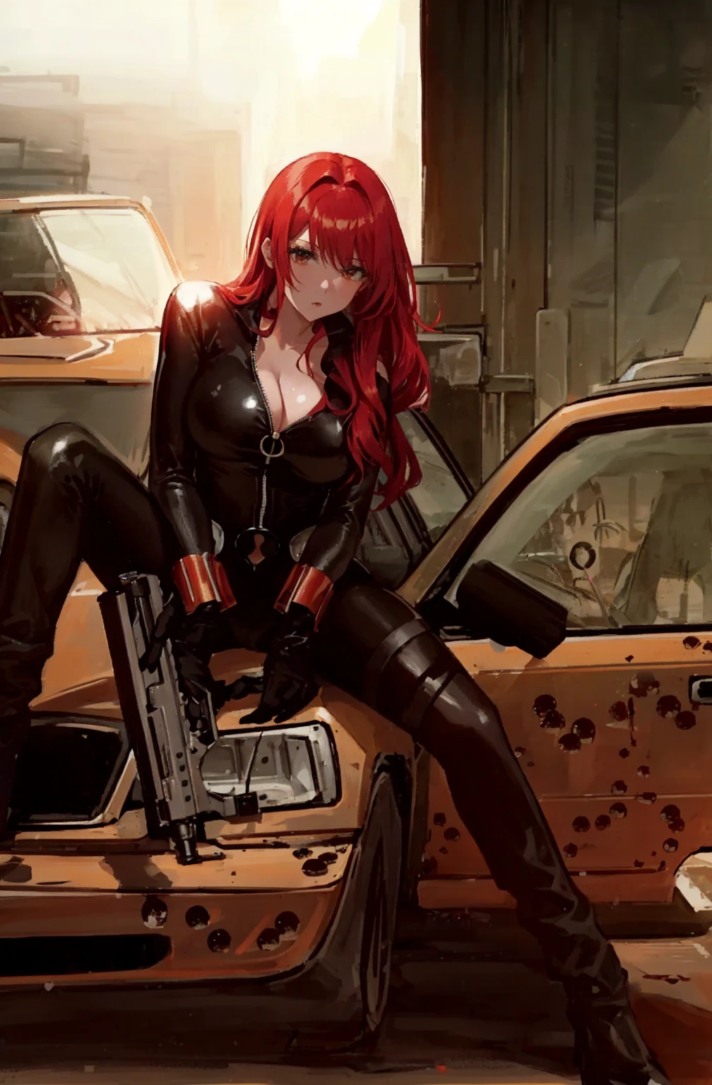 The image is an illustration of a red-haired woman dressed in a sleek skin-tight shiny black latex bodysuit with a deep-cut zipper neckline revealing a large chest, the silver zipper running down the front, sitting on the hood of a damaged yellow car, with bullet holes visible on it. The woman appears powerful and ready for action, holding a gun in both hands. The atmosphere of the scene is intense and dramatic, made even more so by the urban setting.