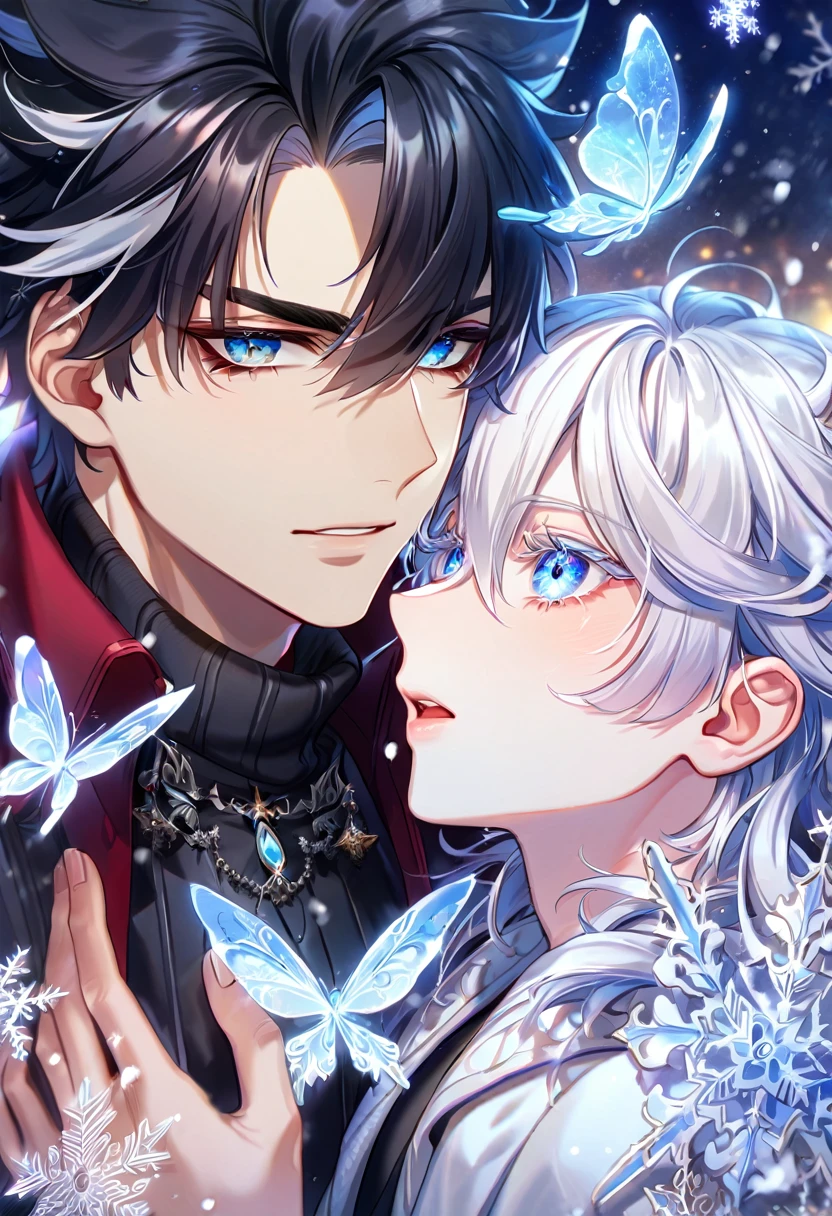 (absurdres, highres, ultra detailed, HDR) master piece, best quality, extremely detailed face, delicated features, Wriothesley, black hair, expressive blue eyes, Genshin Impact, Gojou Satoru, white hair, expressive blue eyes, white eyelashes, two sexy men together, yaoi, gay couple, white coat, black sweater, scarf, snowing, snow, snowflakes, ice butterflies, night sky, magical, fantasy