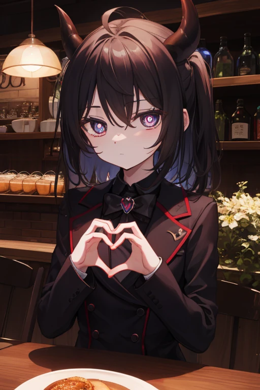 best quality, masterpiece, best shadow, shade, beautiful lighting, modeus with heart shapes and heart shaped pupils, coffee shop, night, colored lights , formal wear