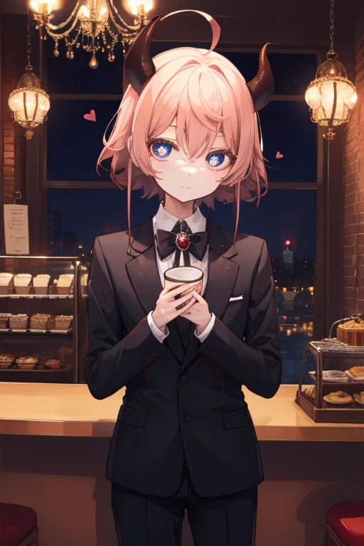 best quality, masterpiece, best shadow, shade, beautiful lighting, modeus with heart shapes and heart shaped pupils, coffee shop, night, colored lights , formal wear