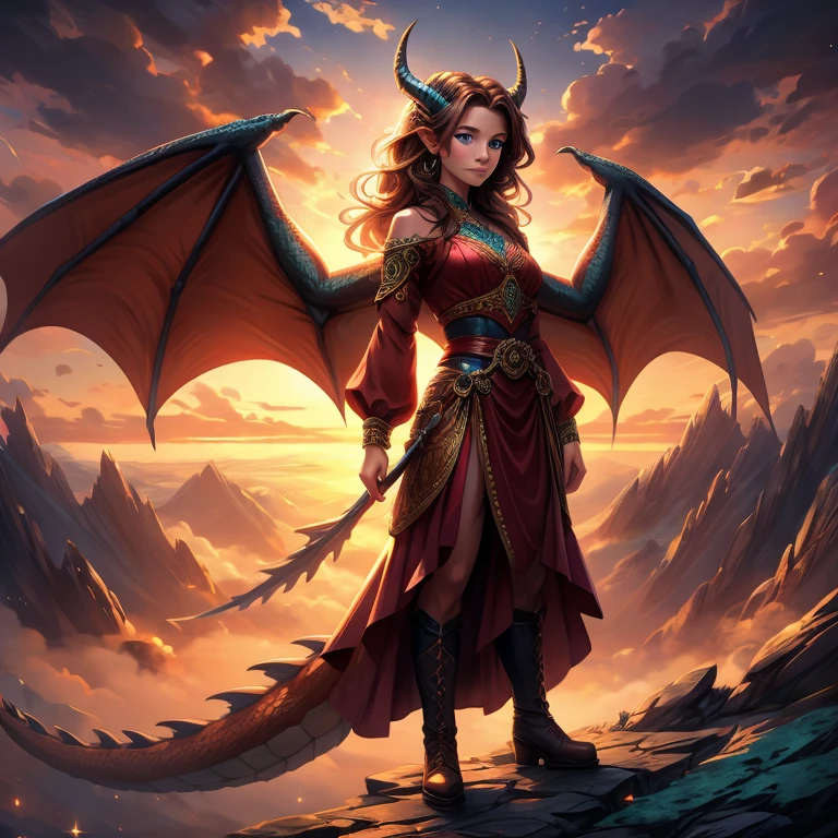 Masterpiece, best quality, anime style art, fantasy style art, beautiful Celtic dragon girl, young adult European girl, mature young woman, tall character, 5 feet 11 inches tall, long wavy Brown hair, bright teal eyes, realistic and sparkling Blue teal eyes looking at viewer, shapely body, skinny body, healthy body, scaly skin, highly detailed scales, covered in orange scales, purple and red warrior outfit, ornate red clothes, fancy purple patterns and symbols, 2 red dress coattails hanging down her sides, high brown leather boots, long draping red sleeves, 2 large Blue dragon wings, wings on both sides, Brown dragon horns, standing on top of a mountain, at the mountain peak, sunset, brilliant cloudy sky, sunset lighting up the clouds, high quality digital art, 2k, professional illustration