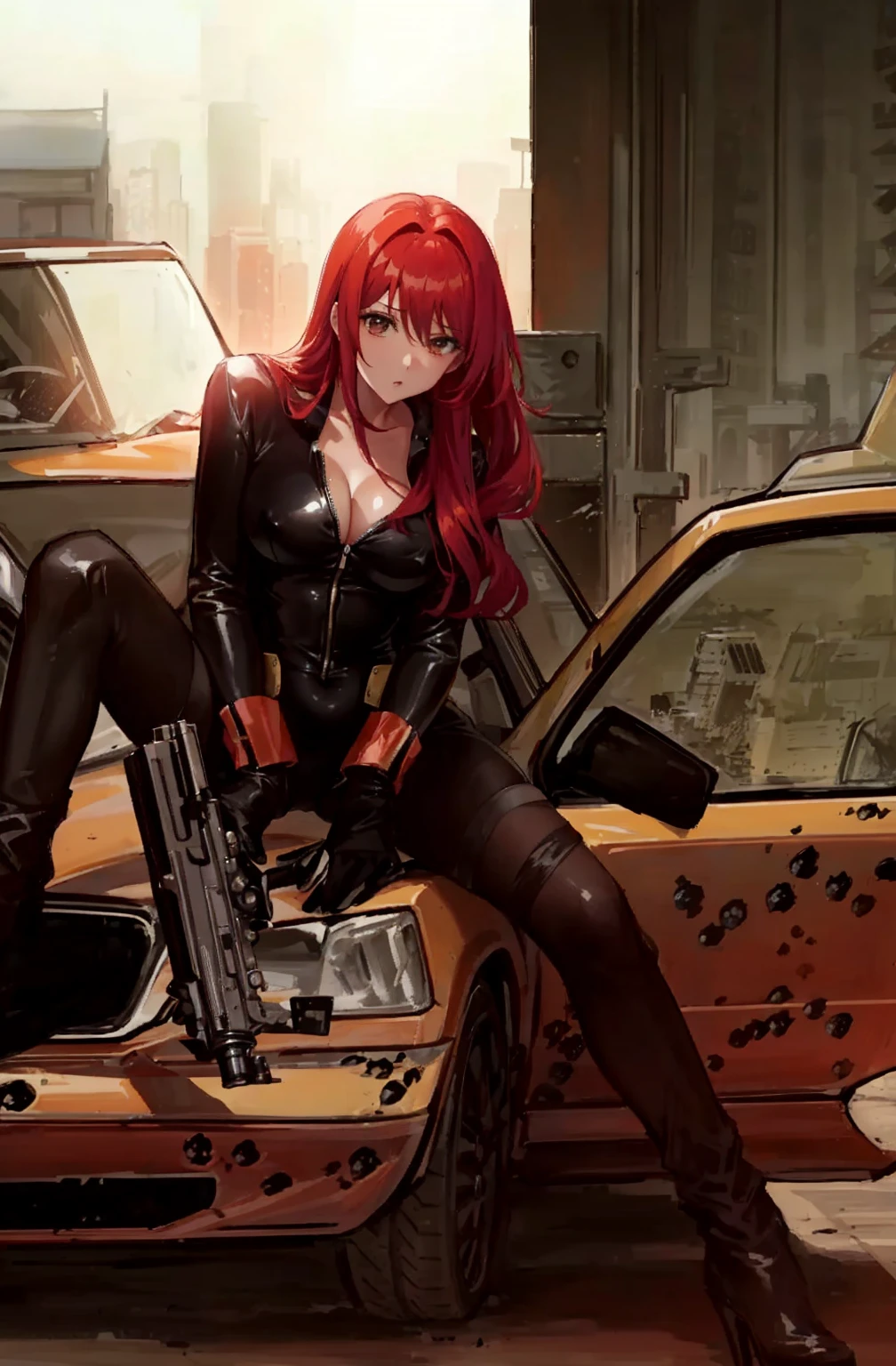 The image is an illustration of a red-haired woman dressed in a sleek skin-tight shiny black latex bodysuit with a deep-cut zipper neckline revealing a large chest, the silver zipper running down the front, sitting on the hood of a damaged yellow car, with bullet holes visible on it. The woman appears powerful and ready for action, holding a gun in both hands. The atmosphere of the scene is intense and dramatic, made even more so by the urban setting.