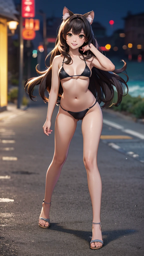 (high resolution, full body, soft skin:1.2),(best illustration,masterpiece:1.2),ultra-detailed,[(cat ears , gray inside:1.2, brown cat eyes, rainbow long hair, large breast),vivid colors,sharp focus,portrait, beach lighting,bokeh, wearing a tan bikini, waterfront background, smiling,