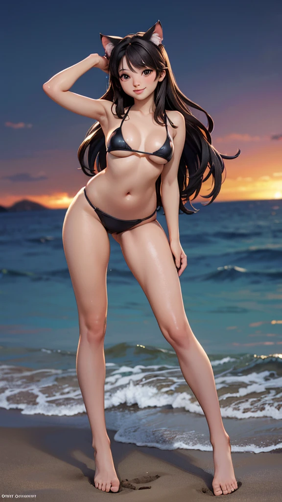 (high resolution, full body, soft skin:1.2),(best illustration,masterpiece:1.2),ultra-detailed,[(cat ears , gray inside:1.2, brown cat eyes, rainbow long hair, large breast),vivid colors,sharp focus,portrait, beach lighting,bokeh, wearing a tan bikini, waterfront background, smiling,