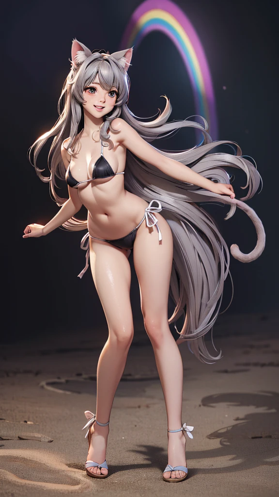 (high resolution, full body, soft skin:1.2),(best illustration,masterpiece:1.2),ultra-detailed,[(cat ears , gray inside:1.2, brown cat eyes, rainbow long hair, large breast),vivid colors,sharp focus,portrait, beach lighting,bokeh, wearing a tan bikini, waterfront background, smiling,  