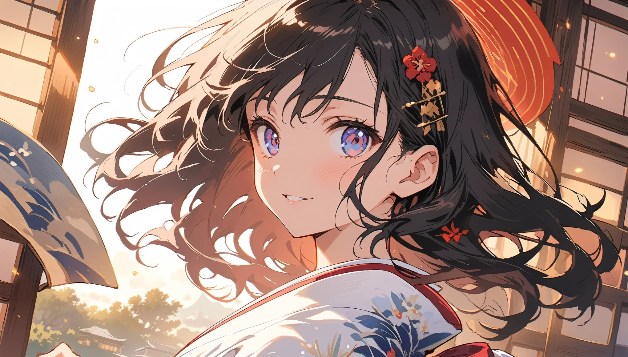 In a Japanese-style room, reminiscent of a ukiyo-e painting, BREAK a woman elegantly fans herself, the gentle breeze adding to her grace.(highest quality、masterpiece、High resolution、detailed)、animeスタイル、Flat Style、(Beautiful Eyes, Delicate and beautiful face、Glowing Skin),  BREAK,extremely detailed、Cinematic lighting、High saturation,floating、Dynamic Angle、anime