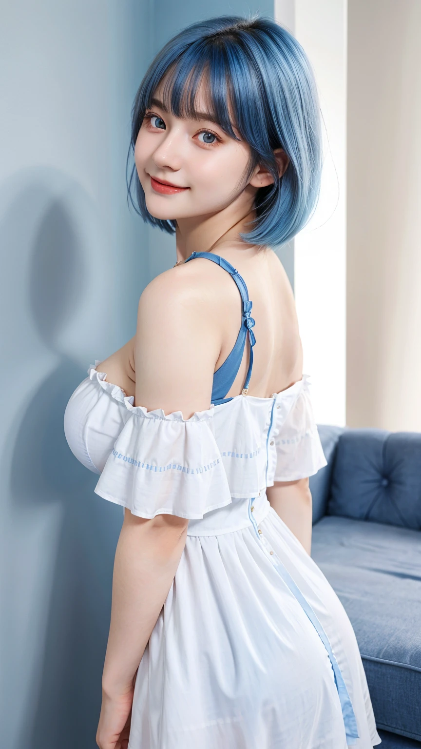 Gorgeus Girl, Beautiful, Baby Face, 20 Years Old, White Skin, Colossal Breasts, Side Pose, ((Cleavage)), White Classy Checkered Dress, Blue Eye, Muscles, Bokeh, Masterpiece, Medium Bob Blue Hair, simple blue wall, off-shoulder, cute smile, backside, large ass