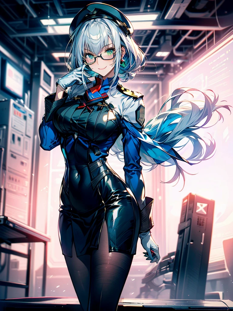 masterpiece, best quality, mature woman, white hair with green color inner, green eyes color, blue and white military uniform, mature_female, eyes glasses , white gloves, anime, blue military hat, very_long_hair, perfect body, commander, science_fiction, black knee-high boots, white skirt, cowboy_shot , large_breasts, ultra-detailed, high quality, british military dress uniform, sci-fi, dark blue Trench Coat, 1girl, 4k, military base ,perfect hands, full body, great details, beautiful anime illustrations, 26 years old, red ribbon bow tie, white stockings, (((correct anatomy:1.5))), ((perfect hand:1.5, Ideal body proportions:1.37)), Good realistic skin:1.1, look at the audience:1.3, (Dynamic angle:1.3, Focus Target:1.3), (Many poses:0.0), (charming, Smile sexy too.:1.4), The picture in the middle:0.2, ((milf:1.5, alone:1.5))