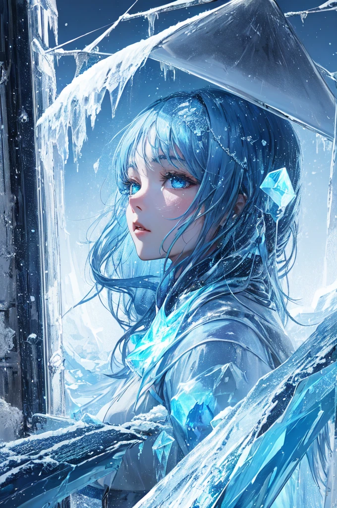 Backlight,cold,Ice storms,
(Blue Theme,,Glowing ice:1.3)，(masterpiece, best quality, Extremely detailed, Surrealism, photo), Snowstorm，暴Snowstorm，Frost，storm，crystallic，Crushed ice，magic，magic阵，ice crystals