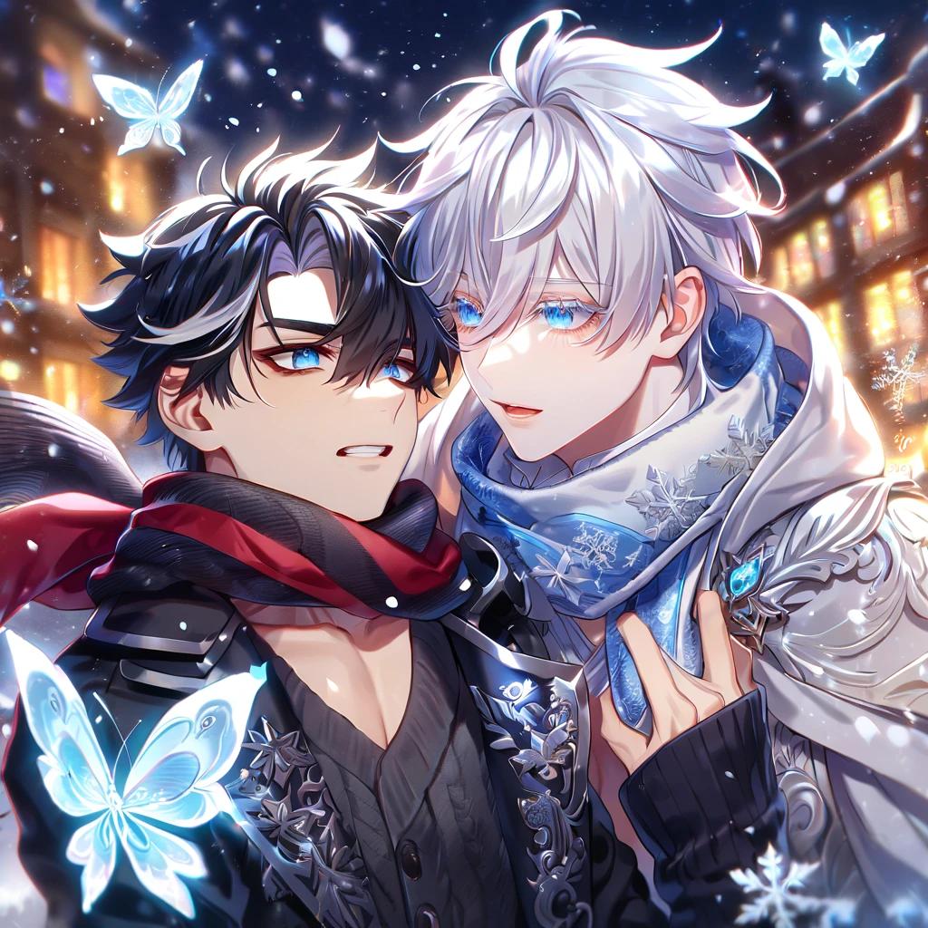 (absurdres, highres, ultra detailed, HDR) master piece, best quality, extremely detailed face, delicated features, Wriothesley, black hair, expressive blue eyes, Genshin Impact, Gojou Satoru, white hair, expressive blue eyes, white eyelashes, two sexy men together, yaoi, gay couple, white coat, black sweater, scarf, snowing, snow, snowflakes, ice butterflies, night sky, magical, fantasy