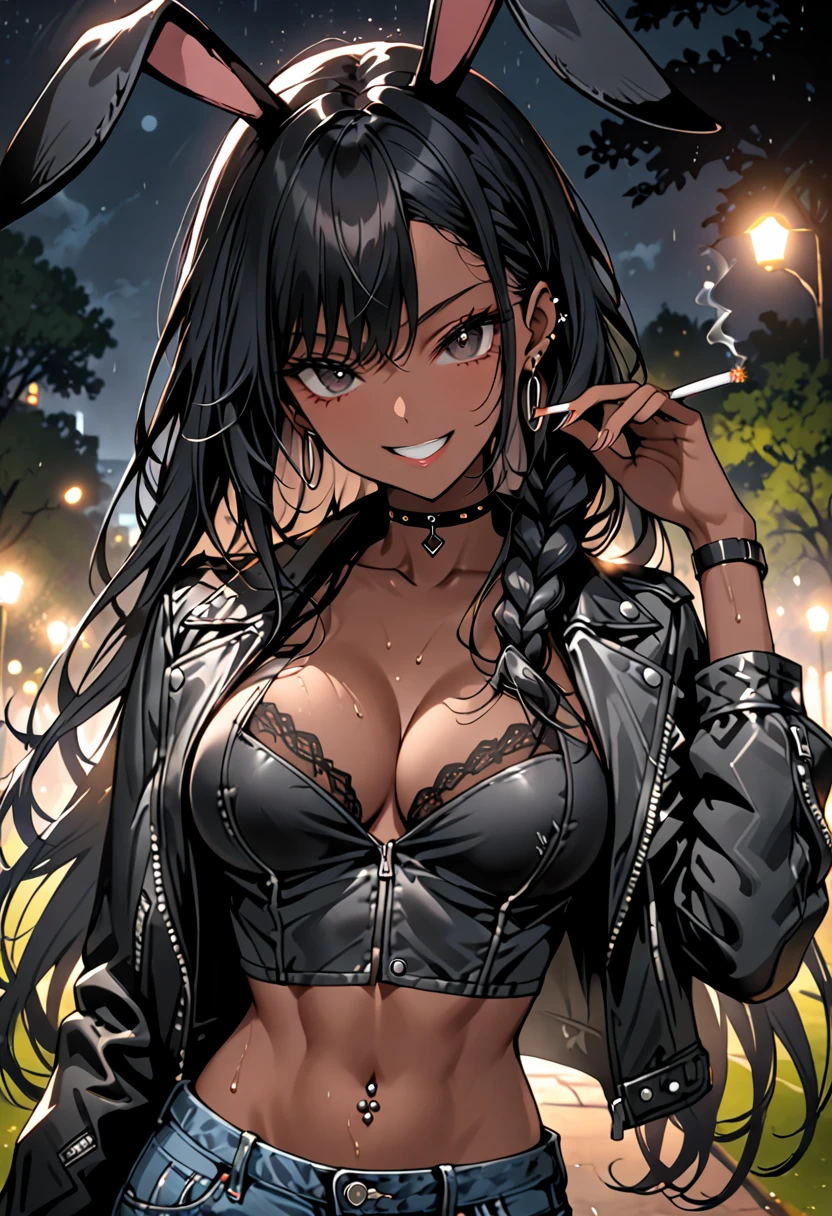 female, huge black rabbit ears, floppy black rabbit ears, dark skin, black hair, very long hair, braids, curvaceous, wide smile, black eyes, abs, cleavage:0.3, heaving breasts, close up, from the waist up, looking at viewer, black rabbit tail, sweat, solo, leather jacket, short shirt, worn jeans, holding cigarette, earring, choker, navel piercing, park, night, short shirt, bare midriff, cool pose