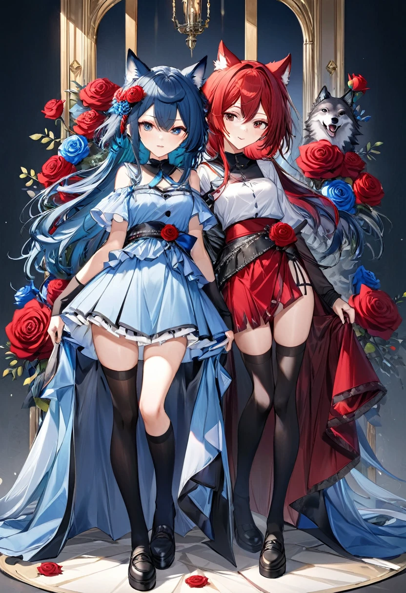 age Girls、Blue Hair、Red rose hair ornaments on head and waist、Proudly、Light blue dress(slit)、thigh、Black knee-high socks、red and blue flowers on the waist、Wolf's Tail、play the ice violin、circular piano keyboard、Ice Effect、Lift your legs、Have a look at this、ice underfoot、