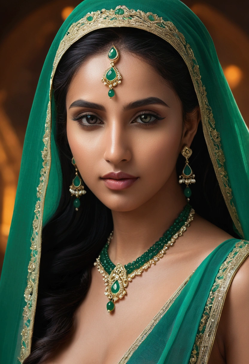 Woman + jade + India + amorous + veil artistry iniciale, artistry iniciale, league of legends artistry iniciale, artistry, brush stroke, obra de artistry, 8k, ultra detaild, High definition, nudism
