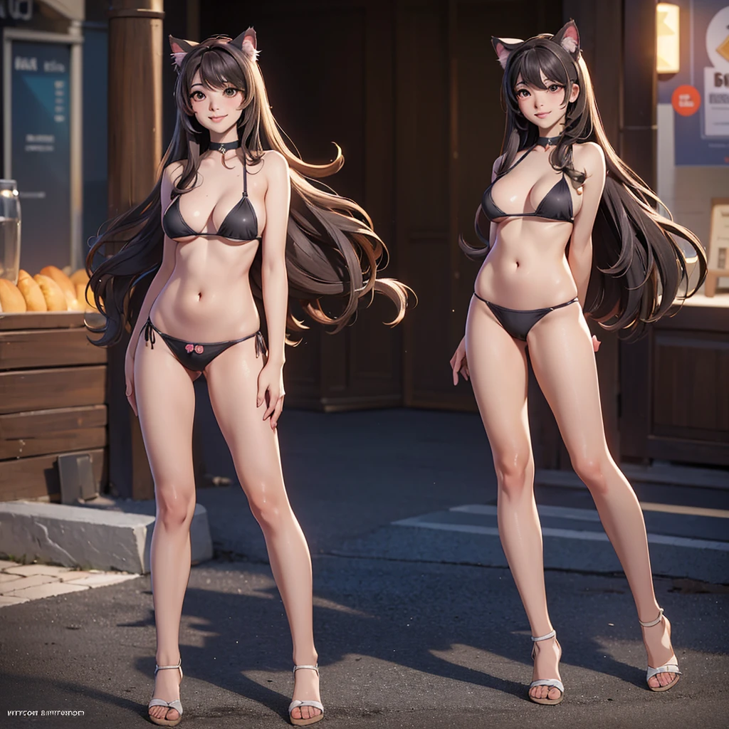 (high resolution, full body, soft skin:1.2),(best illustration,masterpiece:1.2),ultra-detailed,[(cat ears , gray inside:1.2, brown cat eyes, rainbow long hair, large breast),vivid colors,sharp focus,portrait, beach lighting,bokeh, wearing a tan bikini, waterfront background, smiling,  
