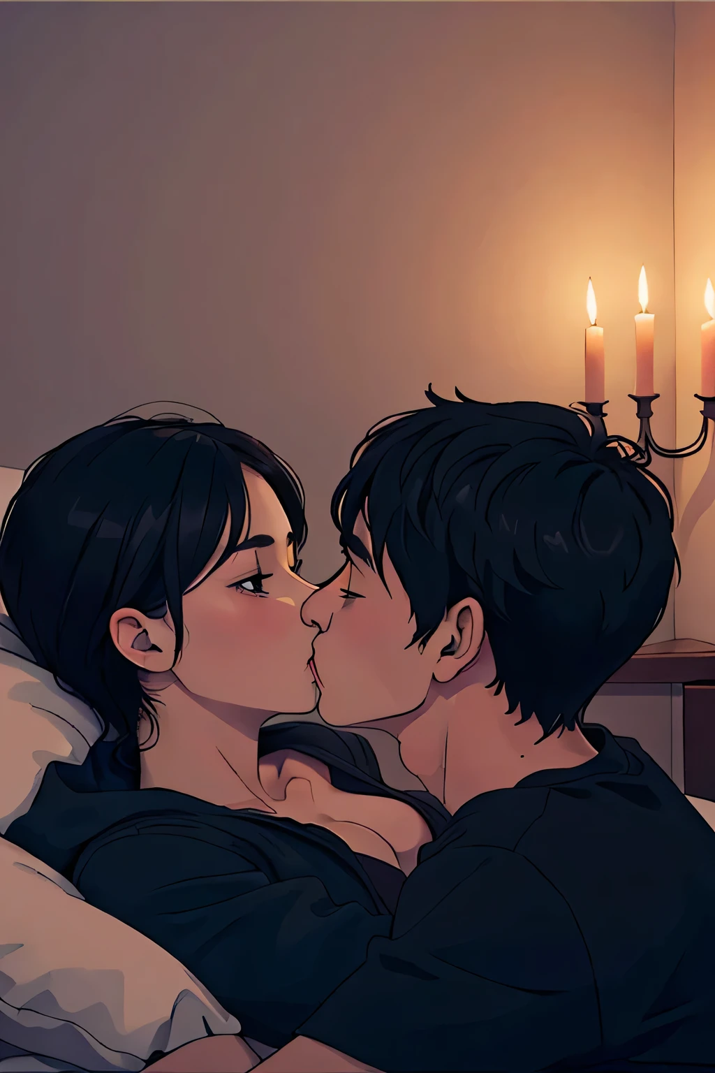 Boy and woman, beautiful woman, kissing each other with passion, in a bedroom, bright room, candles lit, night time,