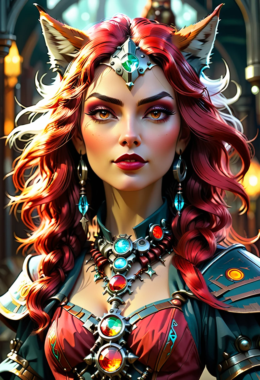 Ava Red, the Wizard of Magical Colors, mechanical priestess, Honky Tonk Girl, wolves, symmetrical face, character concept art, character sheet, Peter Mohrbacher, unreal engine, octane rendered, 8K, dark beauty, trending on artstation