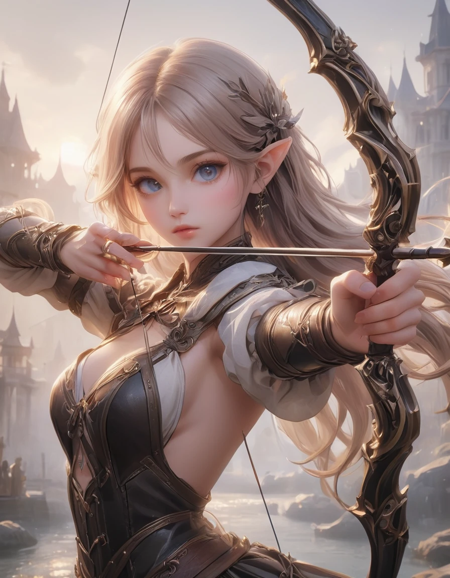 Female archer shooting a bow, aim, longbow , 用弓aim, Delicate expression, Perfect hands(Five fingers), Beautiful hair, Shiny hair, Beautiful Skin, Detailed face and eyes, Glossy lips, medieval fantasy, dramaticな照明, Thin Film Component, dramaticなポーズ, Medieval Armor, Intricate details, Theatrical atmosphere, Mood lighting, An epic fantasy, Very detailed, Movie, dramatic, powerful, Strong, (best quality:1.2, Very detailed, up-to-date, Energetic, Ultra-high resolution, High contrast, masterpiece:1.2, best quality, Best aesthetics),