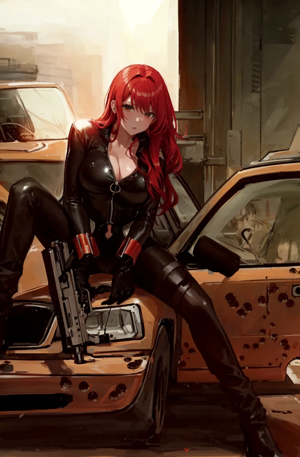 The image is an illustration of a red-haired woman dressed in a sleek skin-tight shiny black latex bodysuit with a deep-cut zipper neckline revealing a large chest, the silver zipper running down the front, sitting on the hood of a damaged yellow car, with bullet holes visible on it. The woman appears powerful and ready for action, holding a gun in both hands. The atmosphere of the scene is intense and dramatic, made even more so by the urban setting.
