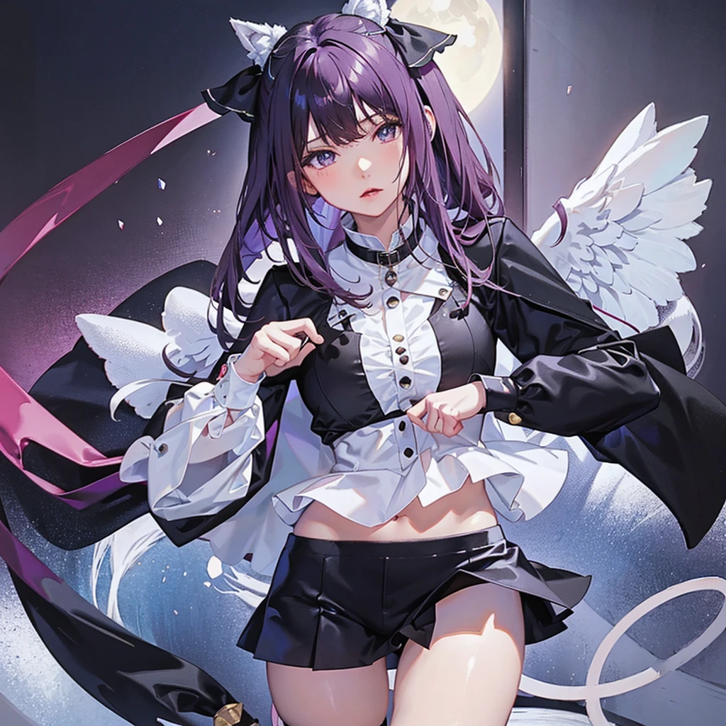 Anime girl with a cat and the moon in the background,White long Hair,Cat ear,Purple Eyes,Angel Wings, anime art wallpaper 8k, anime style 4k, anime art wallpaper 4k, anime art wallpaper 4k, beautiful anime cat girl, very beautiful anime cat girl, Beeple and Jeremiah Ketner, fantasy art style, 4k anime wallpaper, anime wallpaper 4k, anime wallpaper 4k, 4K detailed digital art