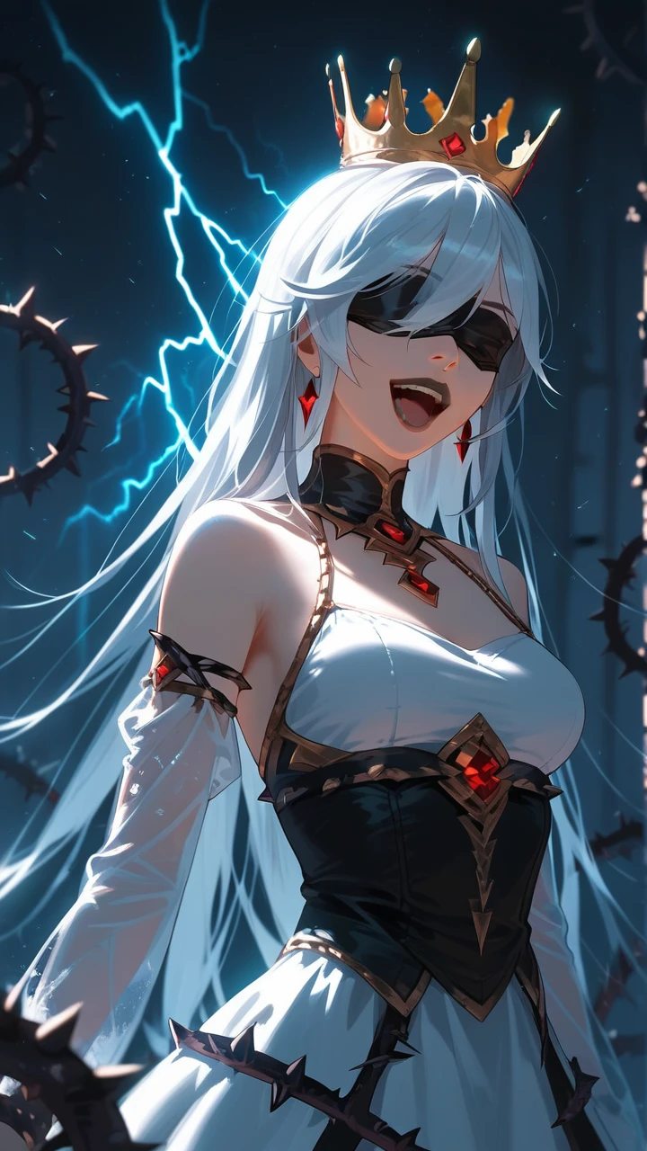 1girl, side blindfold:1.2, split-color hair:1.3, long hair, black lips, laugh, white dress, see-through sleeve, crown of thorns , dramatic lighting, soft shadow, masterpiece, best quality, safe, SFW, very aesthetic, recent, absurdres, highres, lightning, glowing,