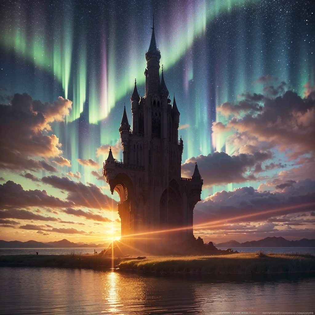 (8k, highest quality, masterpiece, final fantasy style: 1.2), (unRealistic, photoRealistic: 1.37), Dreamy landscape, Fantasy, Unsurreal landscapes, Super detailed, Flying Castle, Floating Island in the Sky, Seven-colored swirl of light, Aurora, Intense lightning, milky way, Complex Light, Colored light, Large Lake, Starry sky reflected on the lake surface, Countless shining stars, Meteors, Reflections , (A pillar of light emanated from the ground:1,2),heavenly roses and orchids gardens, sunset, pink clouds, waterfall in the sky, realistic style, Hyperrealism drawing, fairies flying