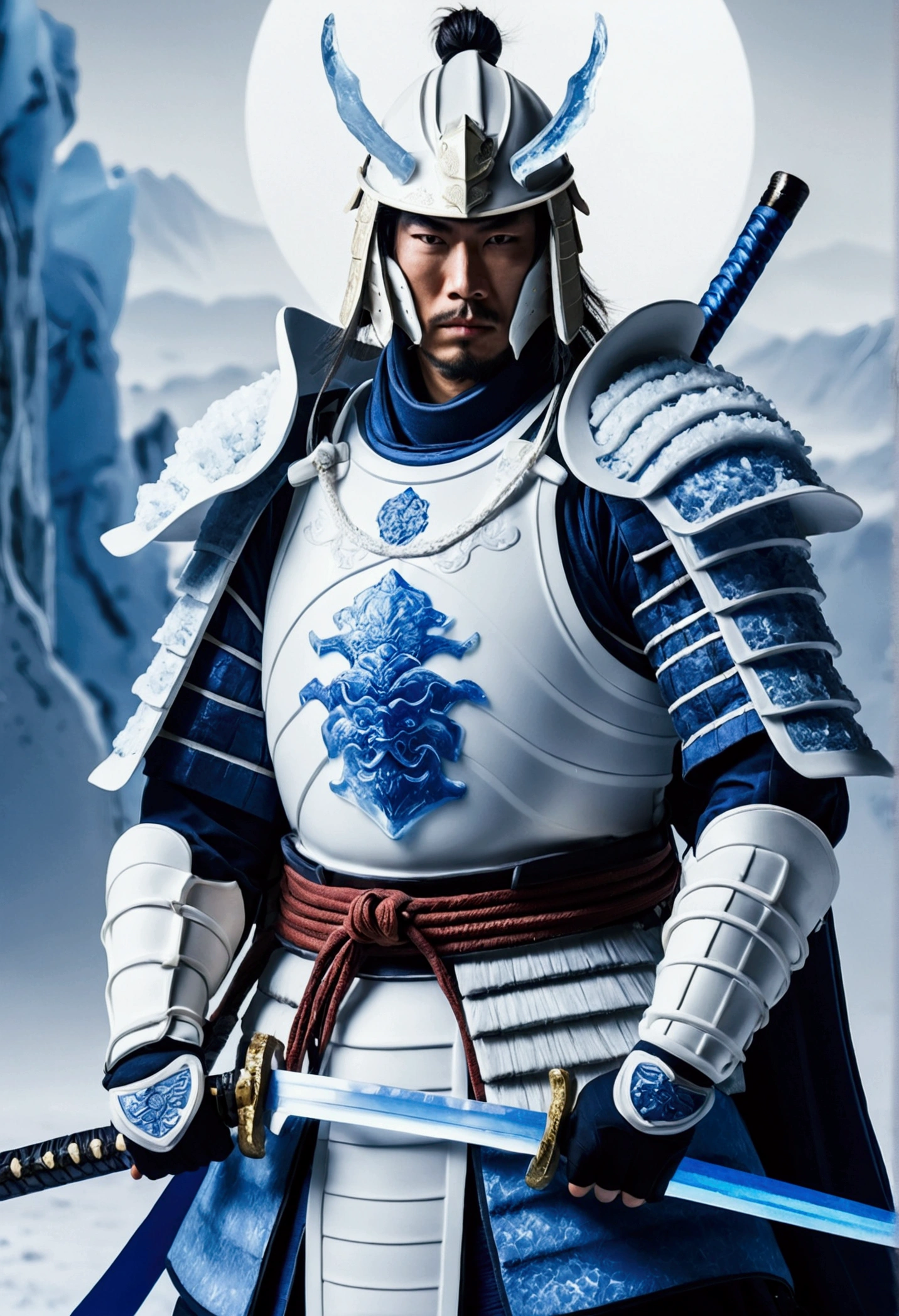 A samurai with white, blue armor and a sword made of ice 