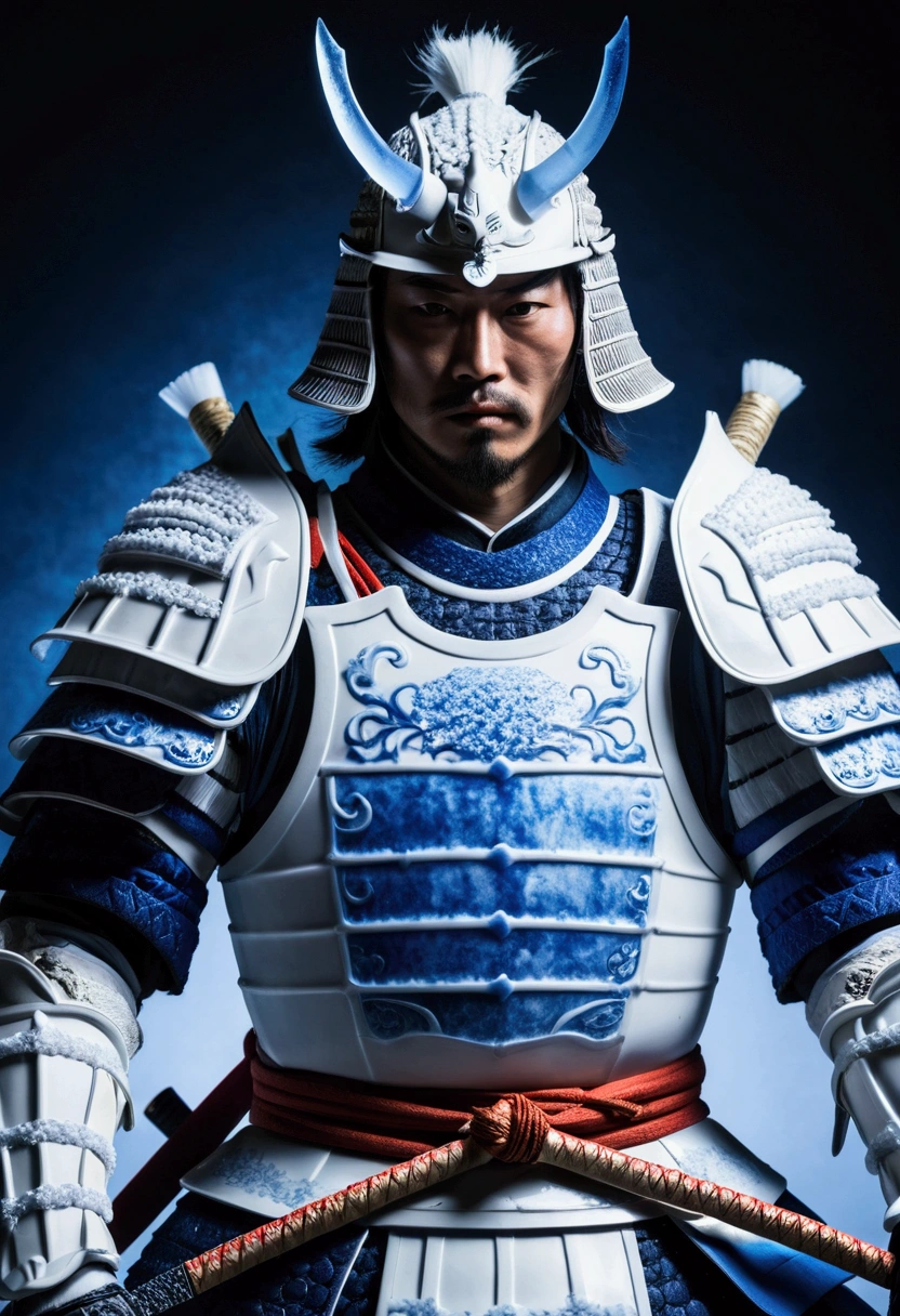 A samurai with white, blue armor and a sword made of ice 