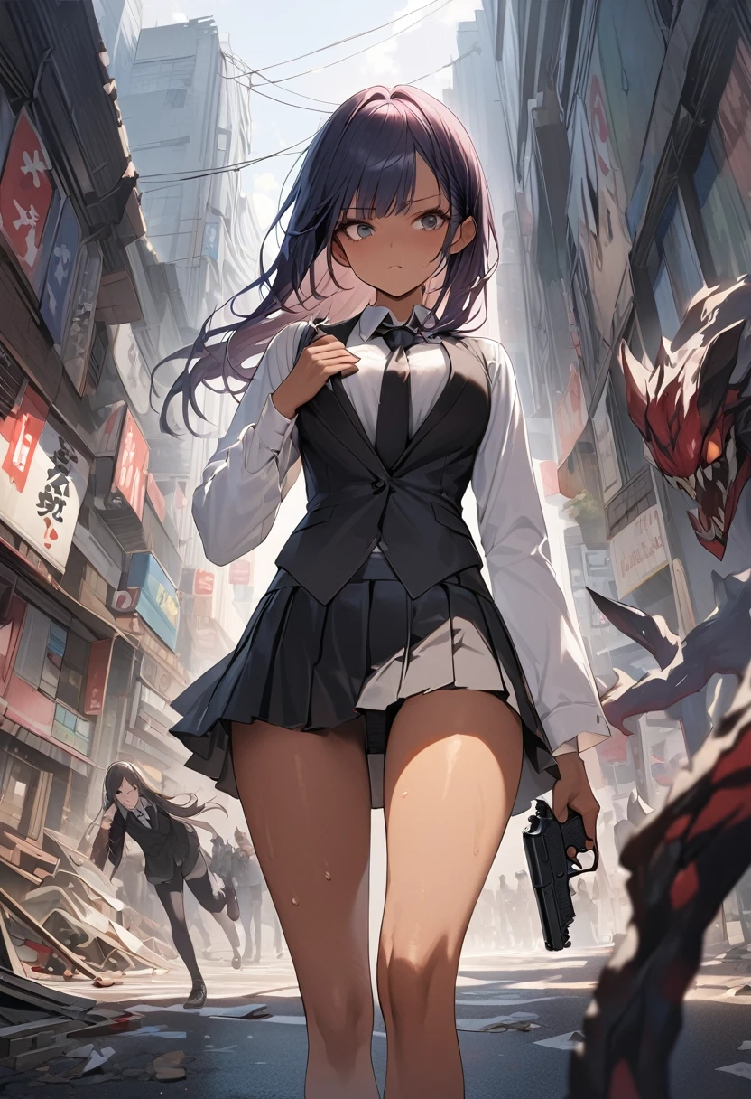 (Woman and monster fight scene),((masterpiece,Highest quality:1.3,best quality illustration)),realistic,cowboy shot,1woman,(22 year old beauty),((very small head:1.4)),ideal ratio body proportions,(dark blue hair),straight long hair,bangs,black eyes,gorgeous big eyes,Serious expression、((tan skin,skinny)),(Black vest、Black tie、White collared shirt、Long sleeve、Black pleated mini skirt)),medium breasts,gleaming skin,slender body,sweat,(A detailed depiction of a handgun in hand),on street,(Multiple Monsters)、Collapsed Buildings、Tokyo、