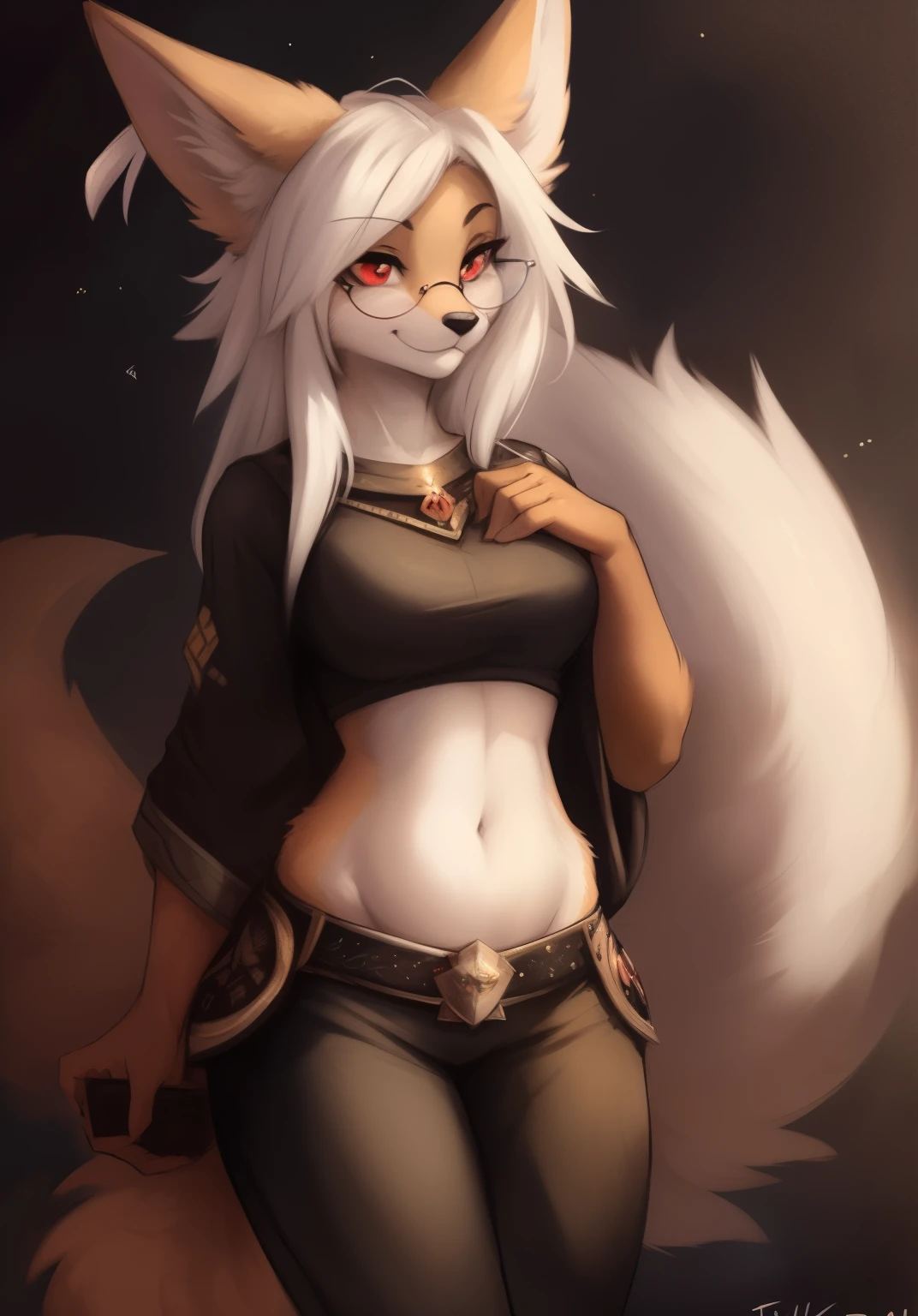 by Zackary911, by Kenket, by Kilinah, by fluff-kevlar, anthro, mommy female fennec fox, solo, long white hair, full body, one big tail, dark background. dark priest with balck and red cloack open belly, round glasses, full body concept, realism, reference, red eyes