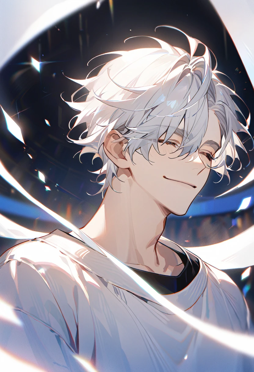 Handsome, solo, 1 male, super short hair, white hair, smile facial, (shirt), closed joy eyes, ((загадочное выражение лица)), (((загадочная улыбка))), (((closed mouth)))