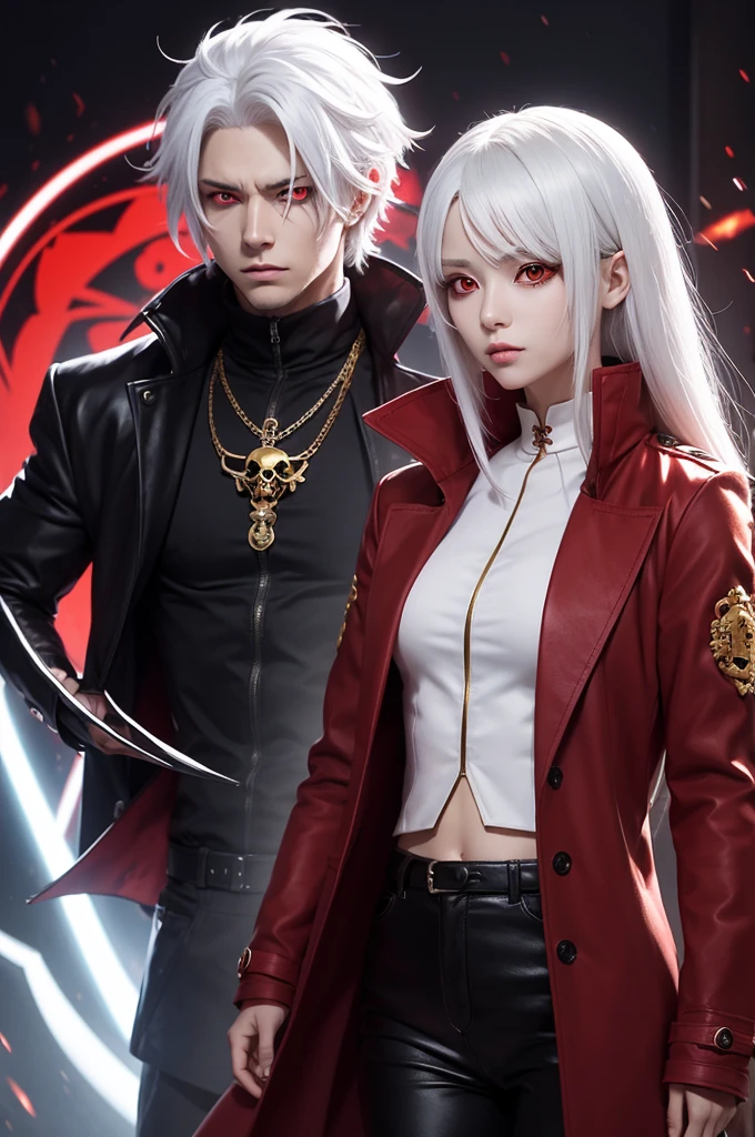 create an anime character, with white hair red eyes brown coat with a golden skull in the middle of the coat, and a demonic shadow behind the character