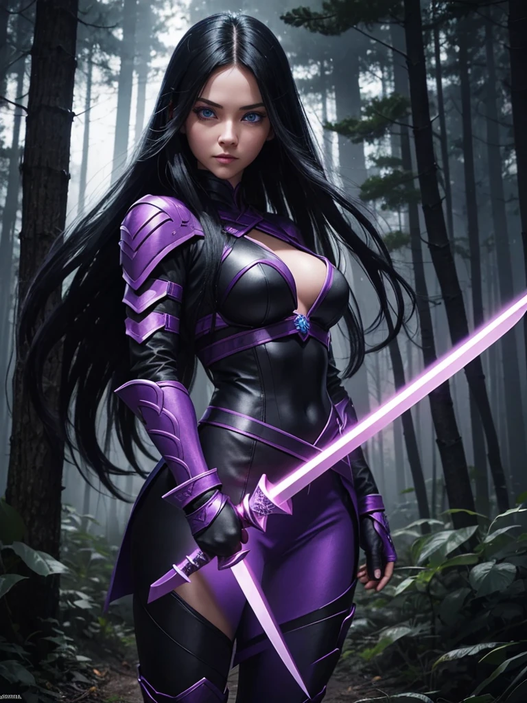 A girl with long black hair and bright blue eyes. She is dressed in purple ninja clothes. She has medium breasts. She holds two short swords glowing pink in her hands. She stands in the night forest