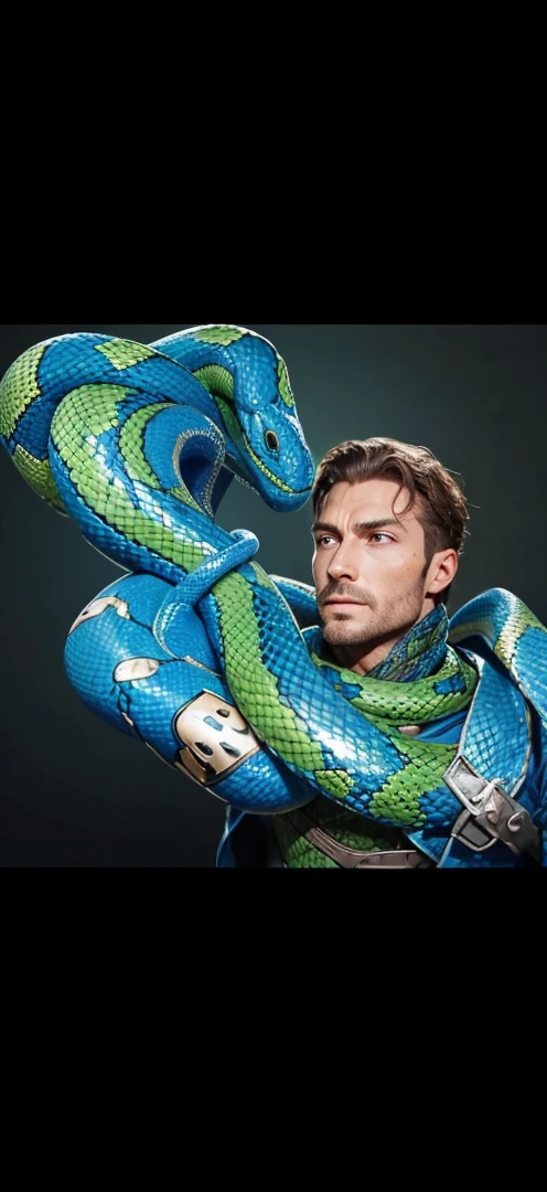 The snake starts to wrap around the man's body. The snake has covered most of the man's body, and its head is approaching the man's face. The snake's mouth covers the man's head completely. The man's body starts to take on the appearance of a snake suit. The man is completely transformed into a snake suit.