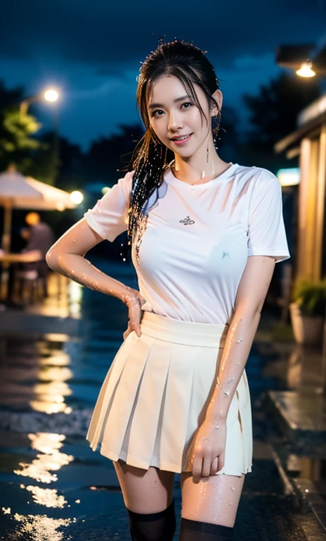 (a gorgeous lady, age 22, white T-shirt, (wet clothes:1.20) pleated mini-skirt, knee socks, standing outside a Cafe, hands on hip, rainy night, dimples, cute snaggle-tooth, ponytail, photorealistic, beautiful detailed face, beautiful detailed eyes, healthy body proportion, ample round bosom, nipple, hyper-realism, high contrast, ultra HD, realistic skin textures, top image quality, top-quality, super high resolution, fine details, very meticulously, masterpiece, head to thigh, close up shot focus waist,night bokeh background)