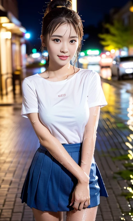 (a gorgeous lady, age 22, white T-shirt, (wet clothes:1.20) pleated mini-skirt, knee socks, standing outside a Cafe, hands on hip, rainy night, dimples, cute snaggle-tooth, ponytail, photorealistic, beautiful detailed face, beautiful detailed eyes, healthy body proportion, ample round bosom, nipple, hyper-realism, high contrast, ultra HD, realistic skin textures, top image quality, top-quality, super high resolution, fine details, very meticulously, masterpiece, head to thigh, close up shot focus waist,night bokeh background)